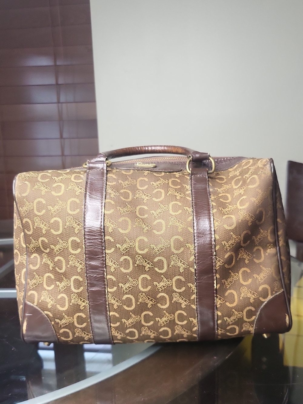 Celine Brown Monogram Canvas Handbag with Dark Brown Leather Trim